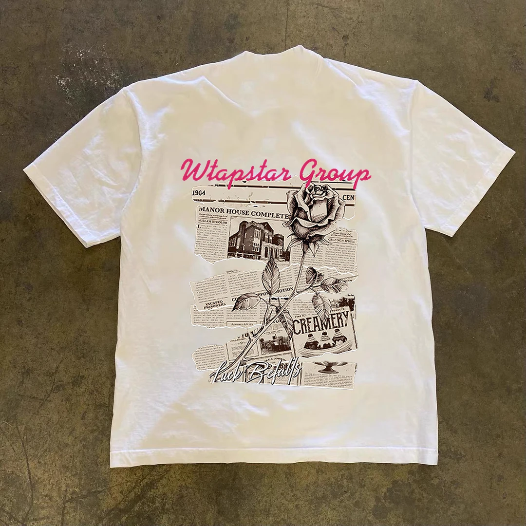 潮牌高街报纸嘻哈花字体签名字母印花宽松纯棉重磅T恤男女款短袖