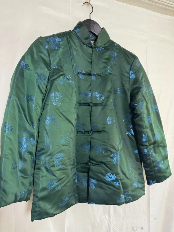 中式绿色中国风立领冬季保暖棉袄大码