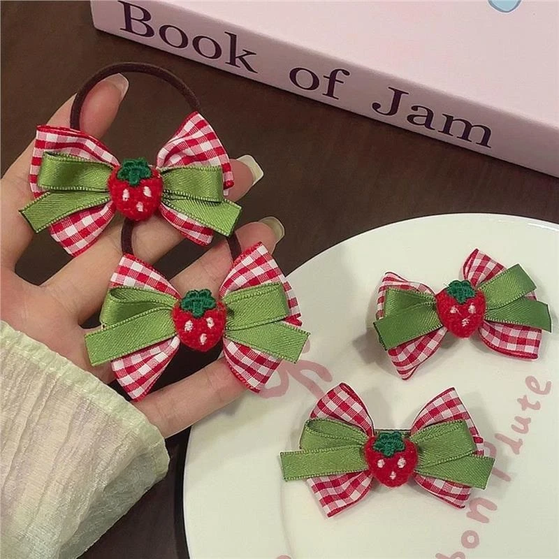 儿童格子蝴蝶结发夹草莓头绳女孩小皮筋头花刘海边夹公主风碎发夹