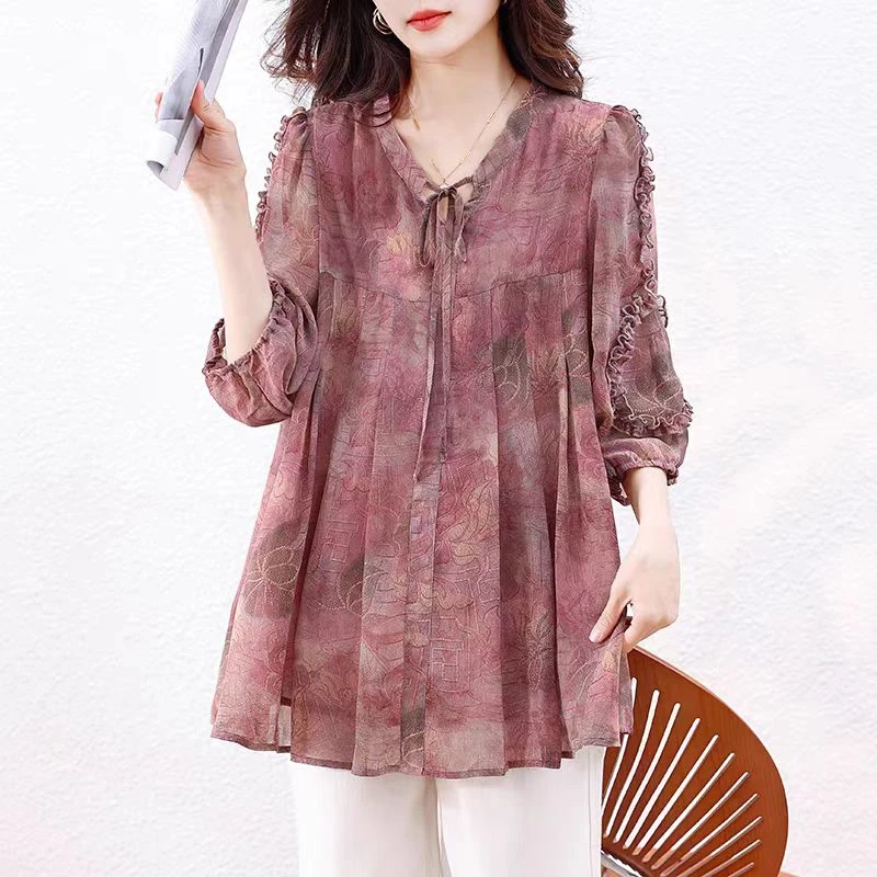 印花雪纺衫宽松大码女装遮肉显瘦木耳边百搭洋气中长款上衣七分袖