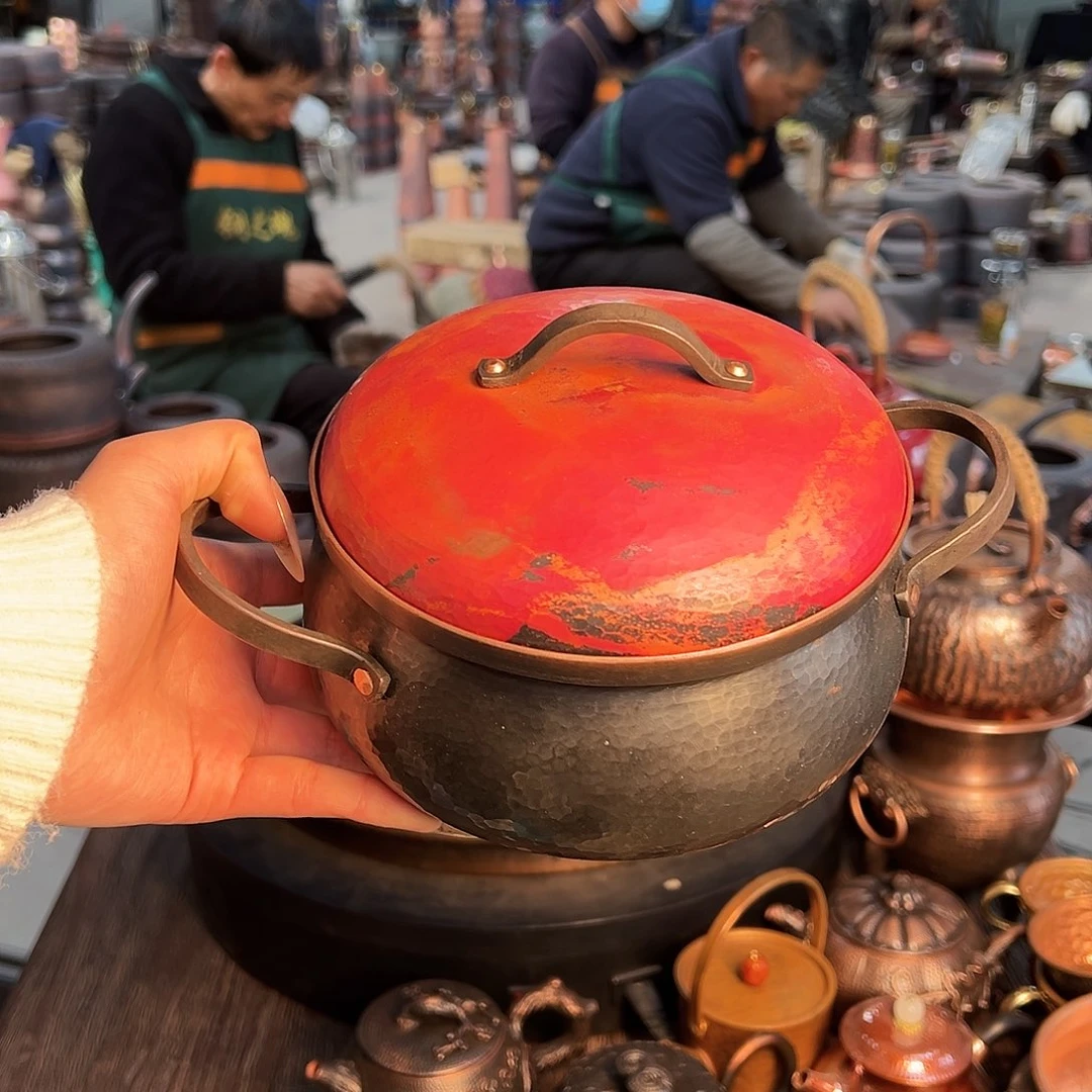 紫铜15cm撞色燃气扁把汤锅