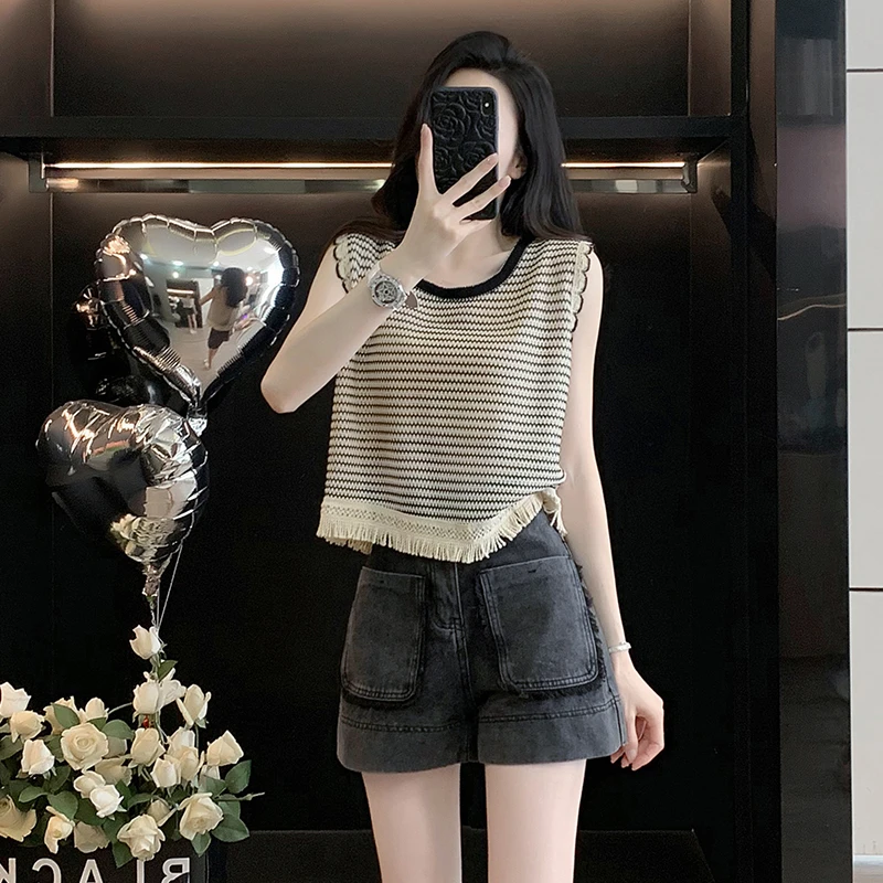 设计感无袖条纹背心针织上衣女夏新款宽松显瘦休闲短袖T恤衫薄款