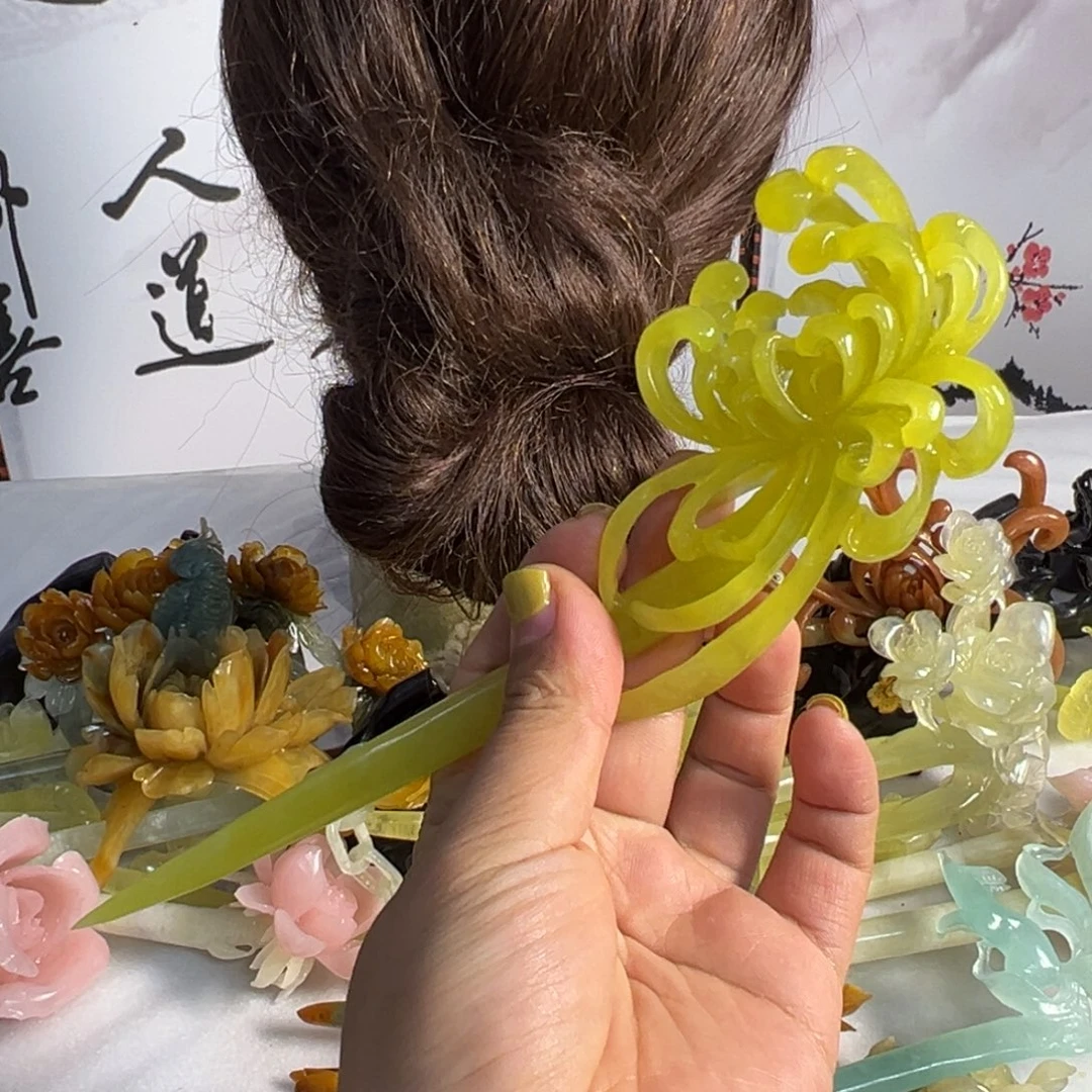 一***下定制蛇纹石玉毛货发饰
