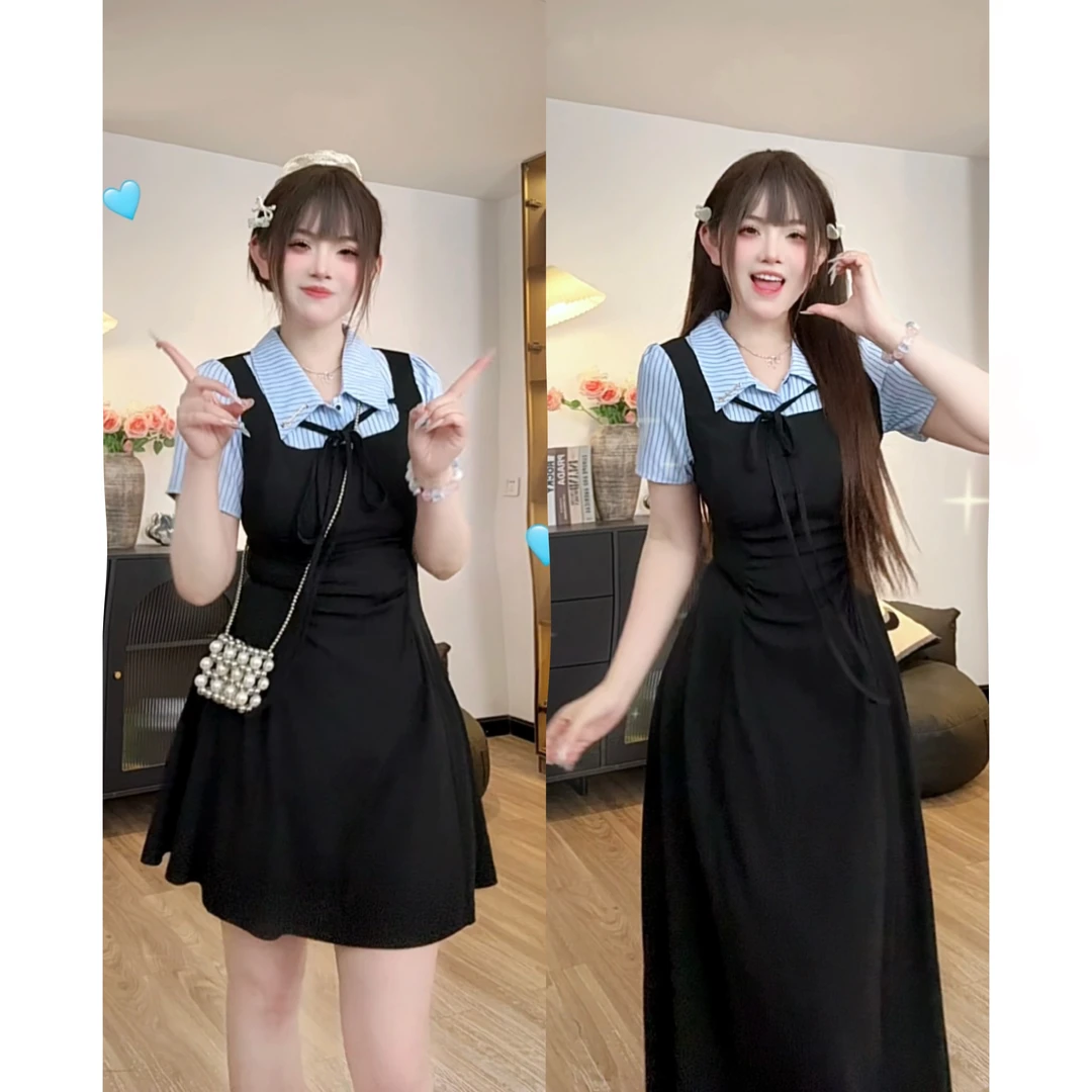 【韩院千金】7981胖mm甜美学院风连衣裙女夏季假两件蝴蝶结长短款裙