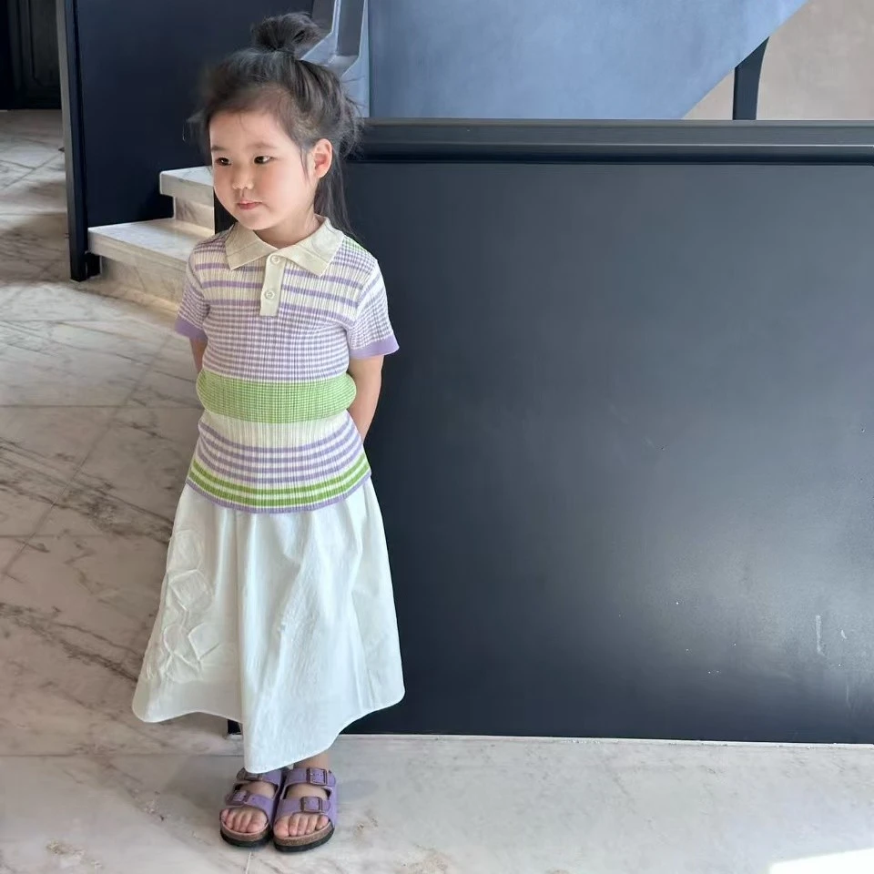 壹妈女童短袖t恤2025夏季爆款儿童复古撞色条纹针织polo衫上衣潮