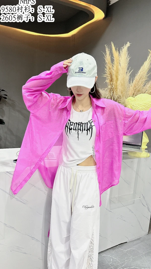 NH夏季新款9580亮钻防晒飘逸珍珠纱宽松衬衣女