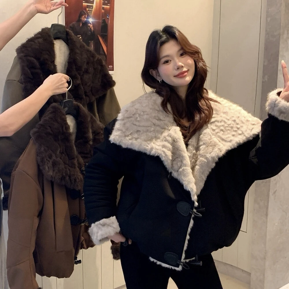 Cute Club 甜美风翻领牛角扣派克服外套冬季新款宽松休闲百搭上衣