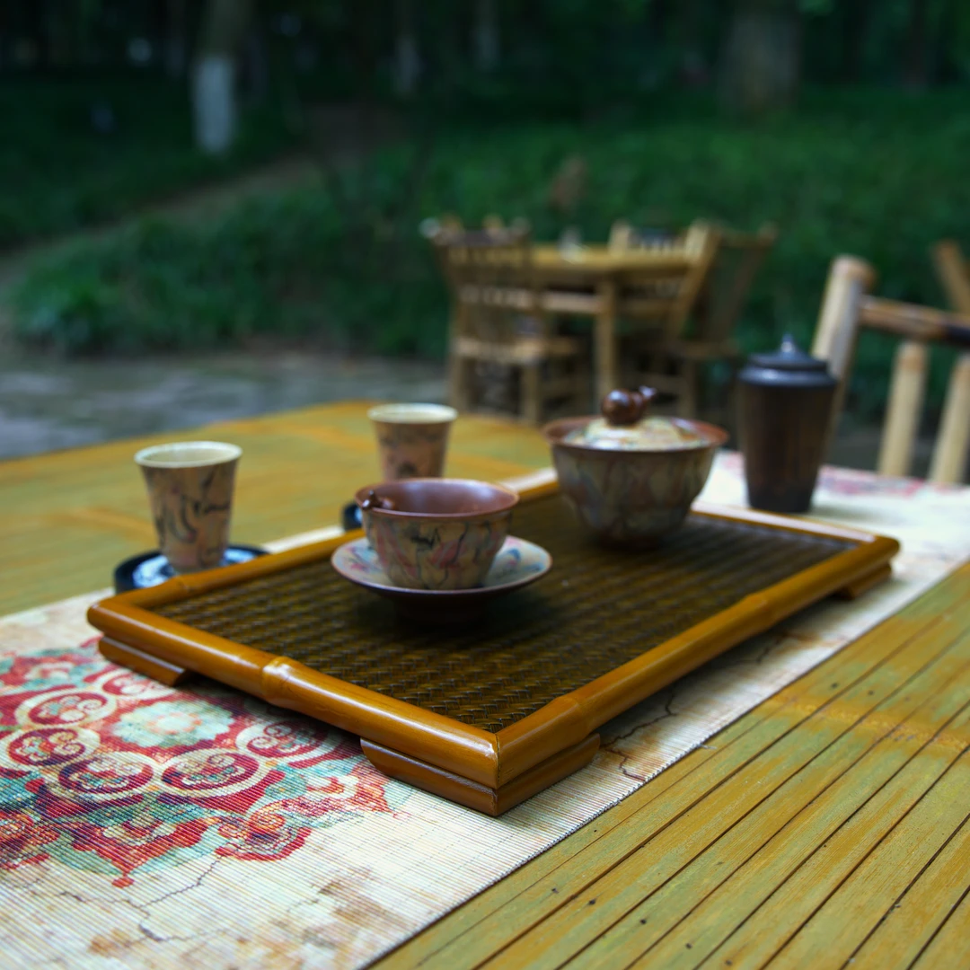 【玉隐】竹编干泡台实心竹茶杯茶具收纳盘轻奢桌面茶托盘古文盘茶盘