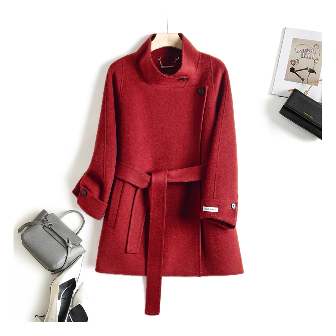 传承立领气质羊毛大衣时尚红色毛呢中长款8950