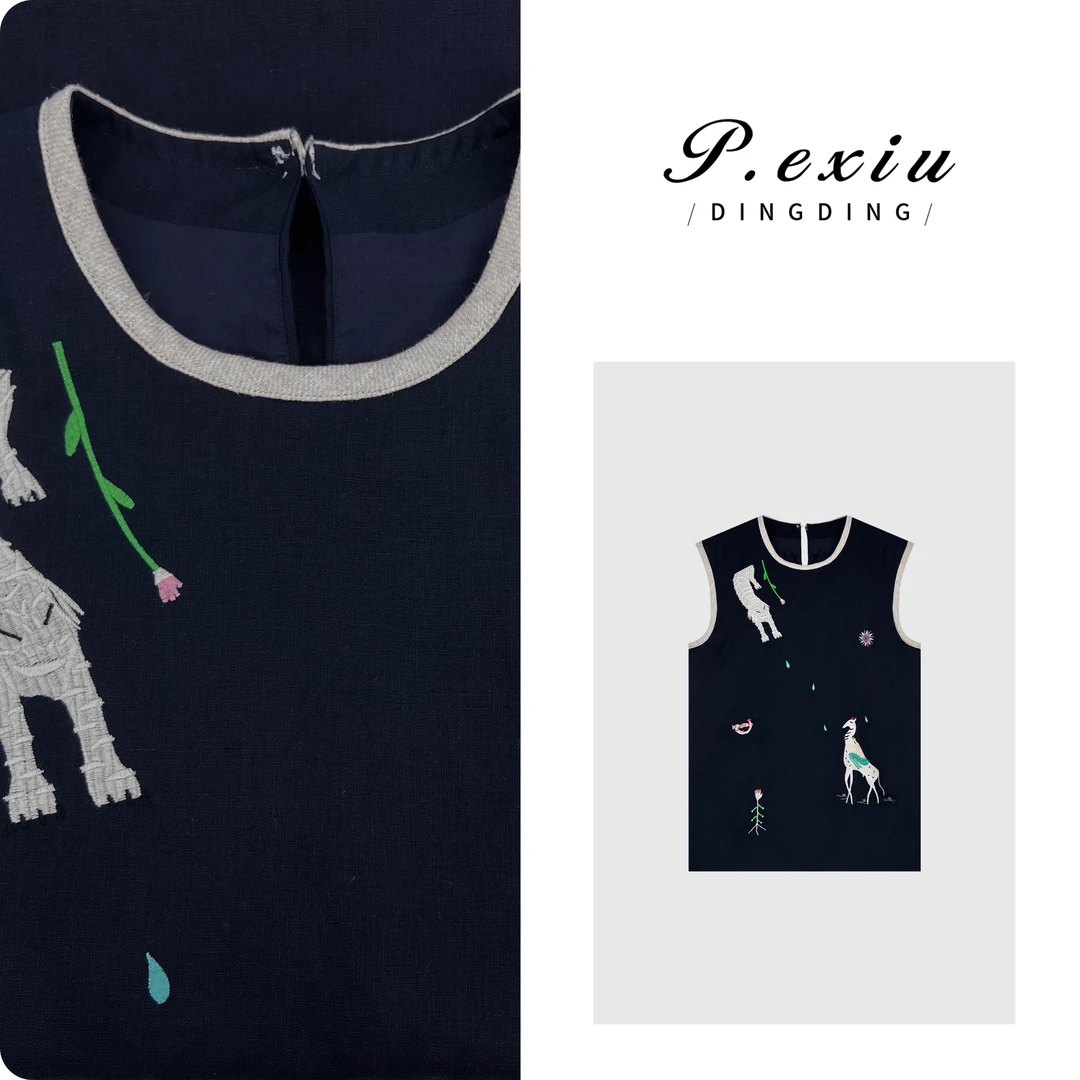 【独家童话】100%亚麻复古蓝重工刺绣背心裙 W-62320