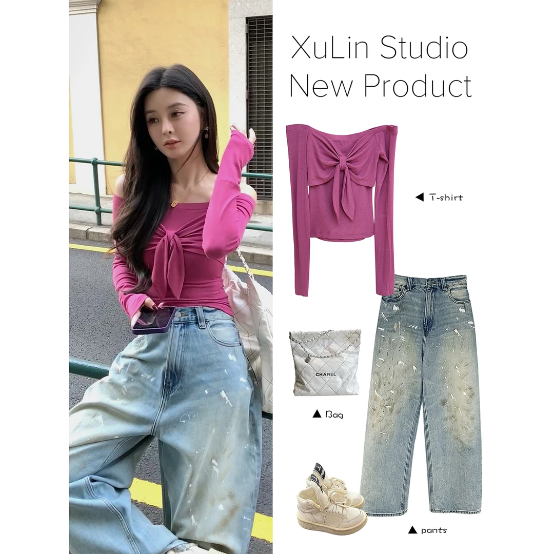 MINI STUDIO徐琳「嗲嗲芭比」设计感蝴蝶结性感一字肩短上衣x250022