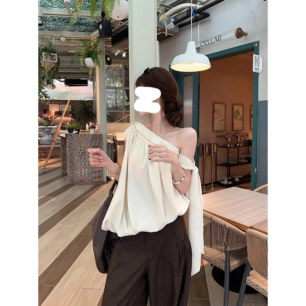 法式斜肩飘带上衣2025夏季新款女装设计感小众轻盈飘逸垂坠感小衫