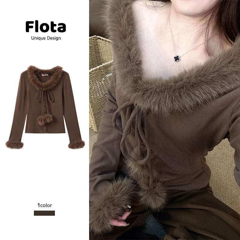 【flota】高级感毛球装饰绒毛绑带纽扣针织短款长袖U领新款毛衣3134