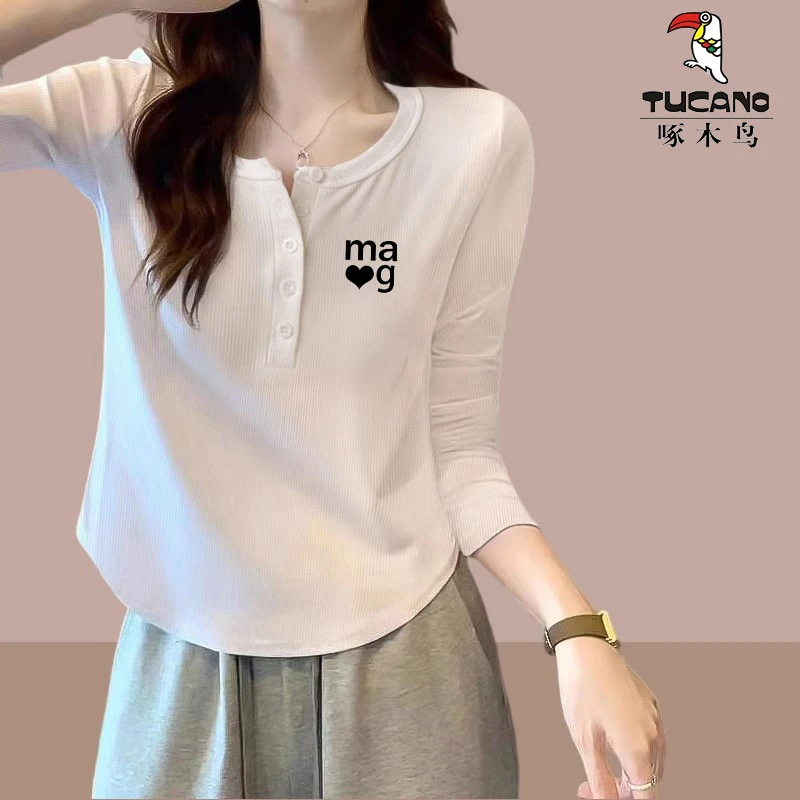 啄木鸟2025年春秋季薄款长袖打底衫女士减龄新款印花小众通勤上衣