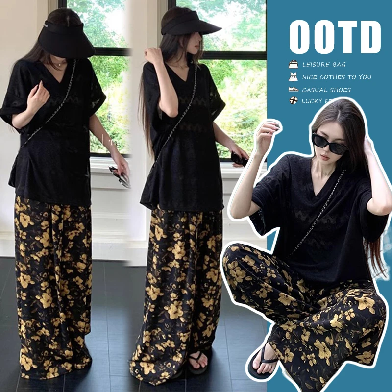 孕妇2025夏新潮款慵懒风通勤时尚显瘦网红碎花抽绳阔腿裤孕妇套装