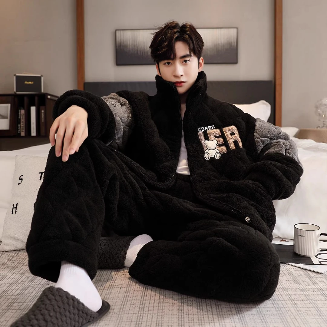 睡衣男青少年冬季三层珊瑚绒加厚夹棉袄法兰绒加绒家居服保暖外穿