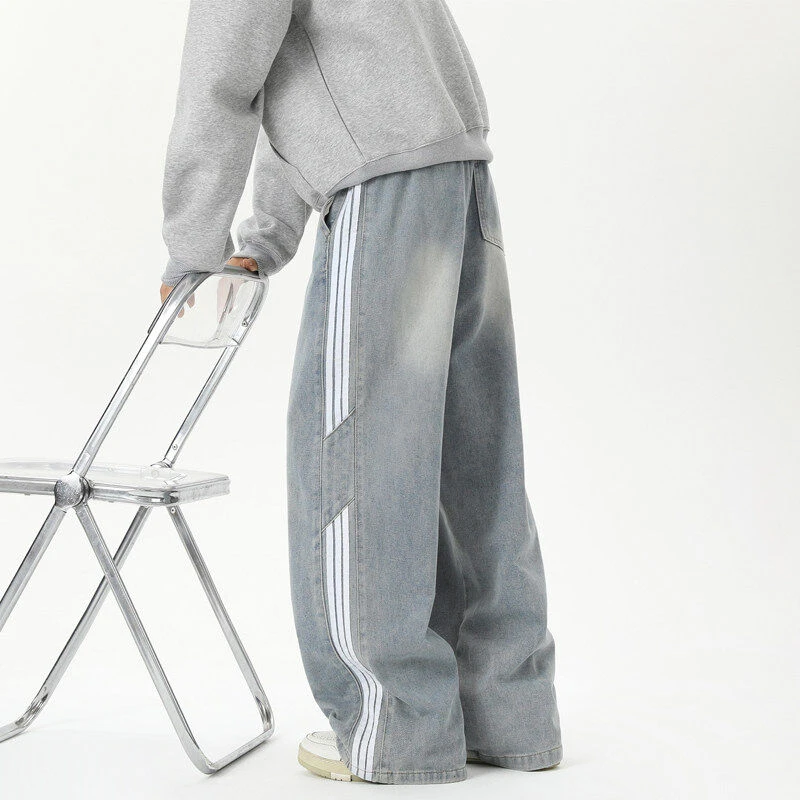 美式高街三条杆牛仔裤男vibe宽松直筒休闲帅气潮牌长裤阔腿裤男生