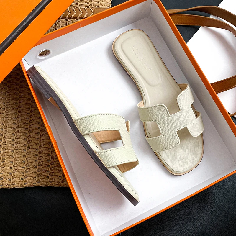 手掌纹-拖鞋女夏平底时尚外穿真皮新款韩版一字百搭沙滩旅游凉鞋