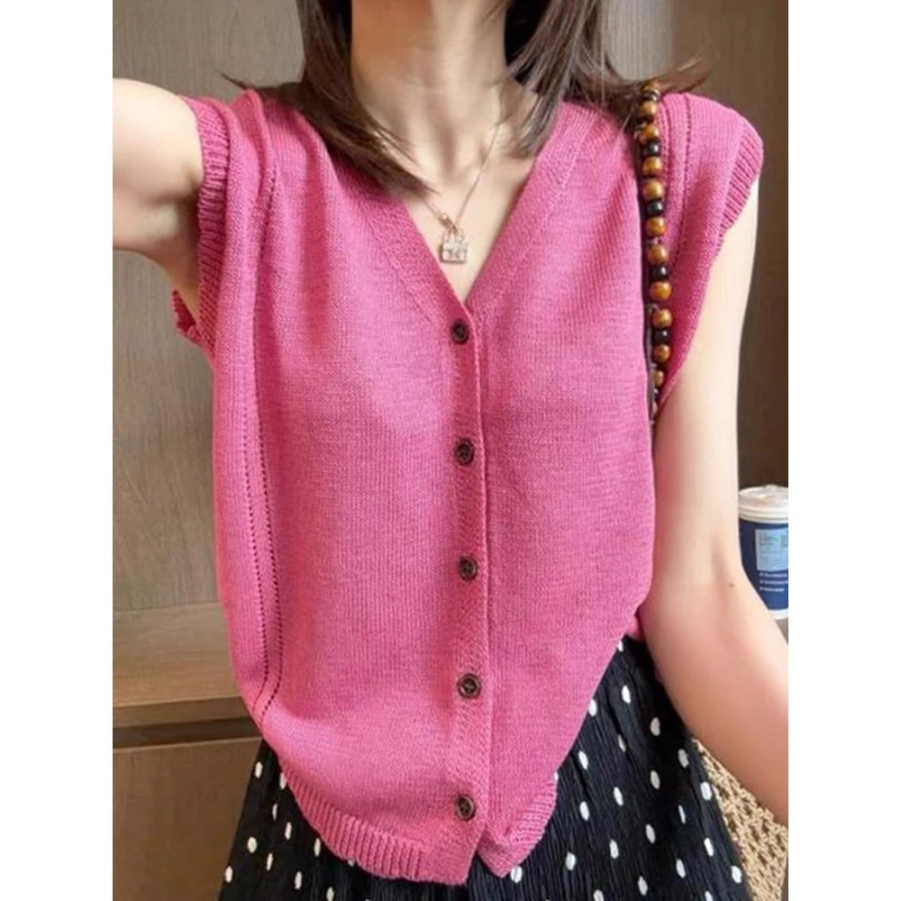 韩系V领镂空无袖针织开衫2025夏季新款女设计感气质百搭薄款上衣