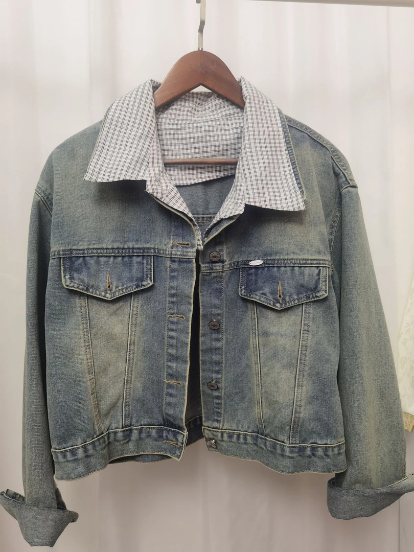 2025复古格子领牛仔短外套春季新款设计感宽松百搭春秋时尚