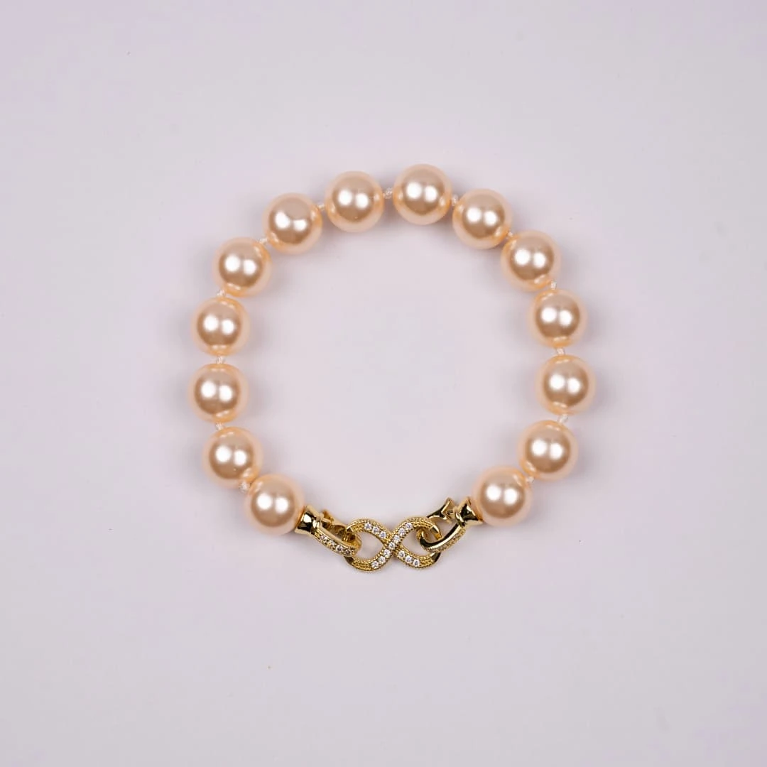 铜合金仿珍珠手链 12-13mm中国红法式轻奢8字扣手链浅金手链