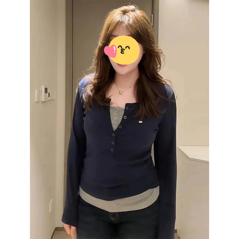 大码胖mm韩系藏青色遮肉假两件长袖T恤女秋季修身设计感显瘦上衣