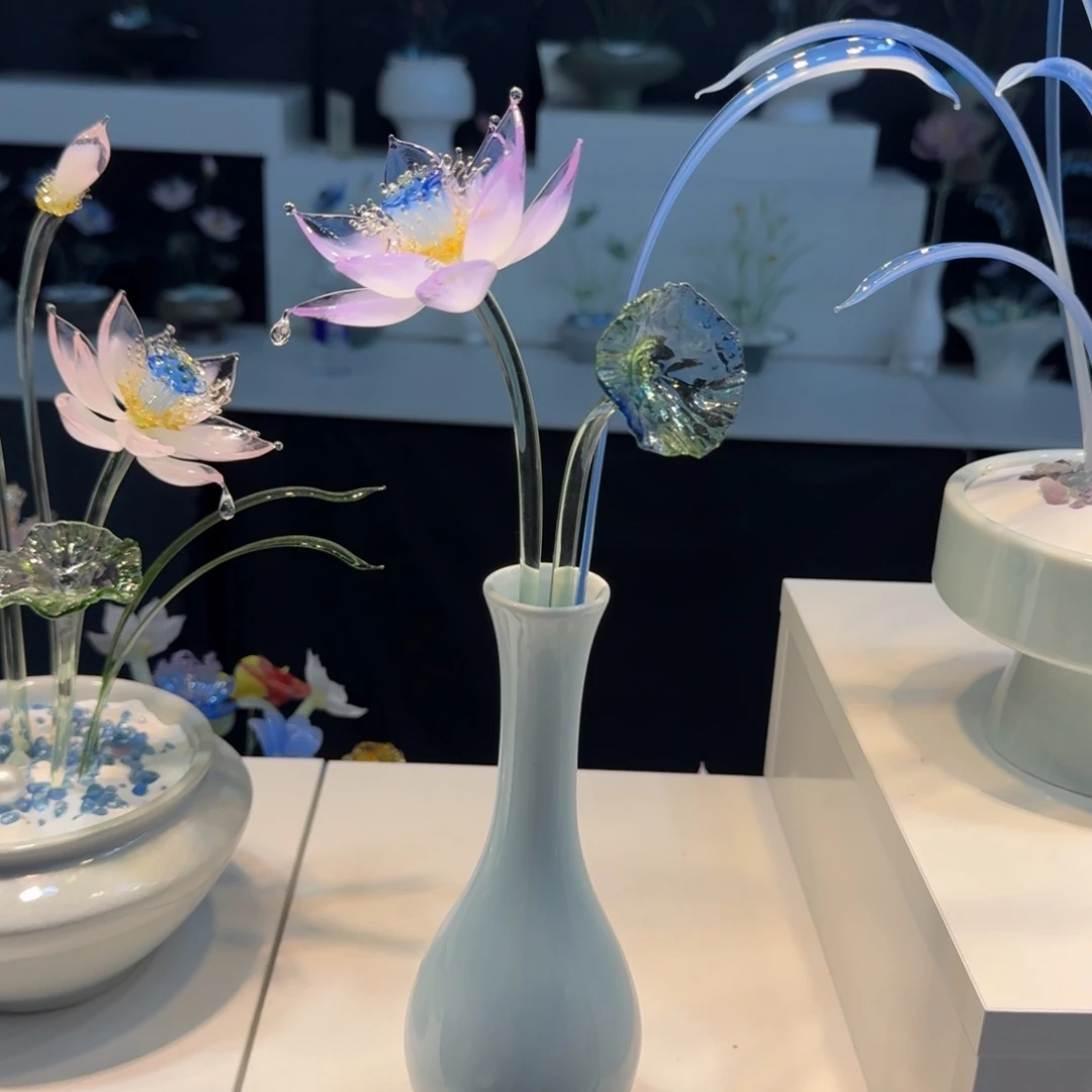 琉璃手工艺品紫色荷花单只一套