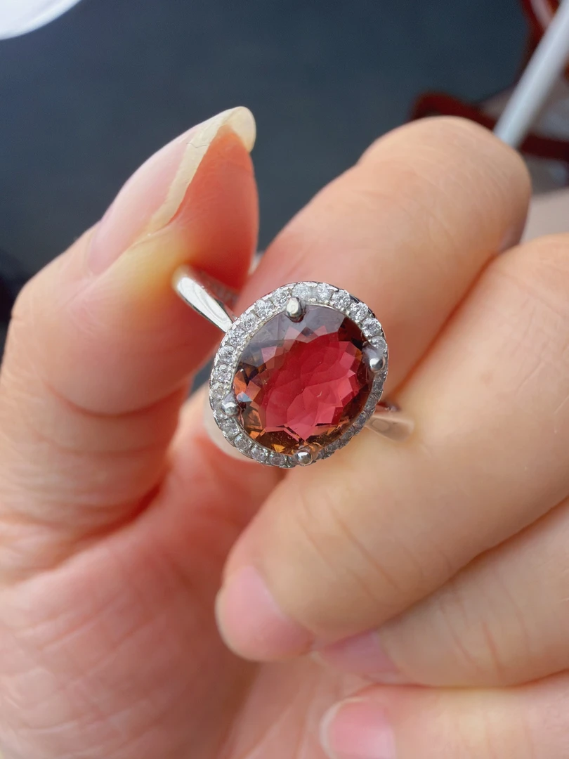 天然碧玺纯净玻璃体S925银镶嵌高纯度碧玺戒指红色气质时尚银戒