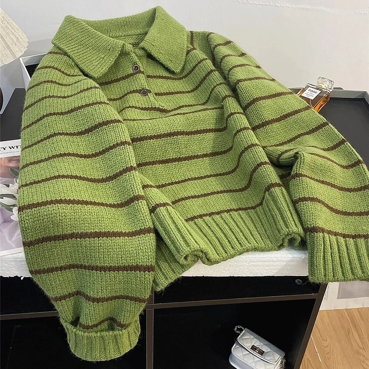 Polo领绿色条纹套头毛衣女装学院风宽松加厚款秋冬慵懒针织上衣
