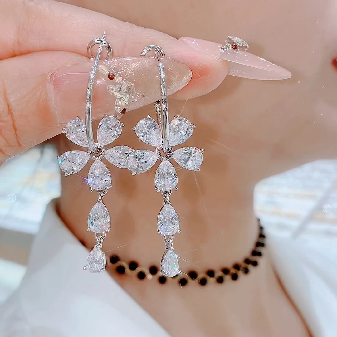 铜合金玻璃耳饰 322-花好月圆S925轻奢灵动耳钩满钻气质素款耳饰