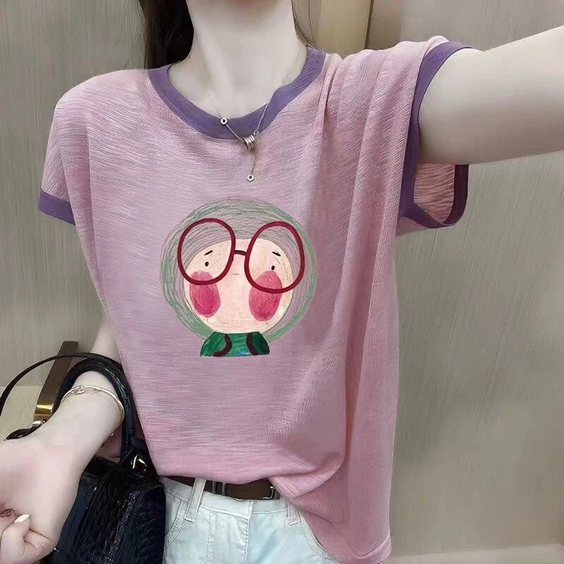 【店铺热销】100%竹节棉短袖T恤女夏装2025新款大码宽松显瘦遮肚