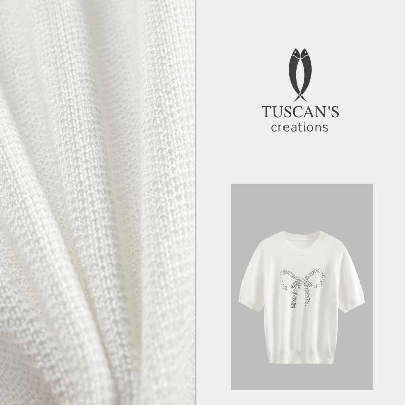 408TUSCAN'S CREATIONS夏季韩版半袖刺绣蝴蝶结短袖针织衫