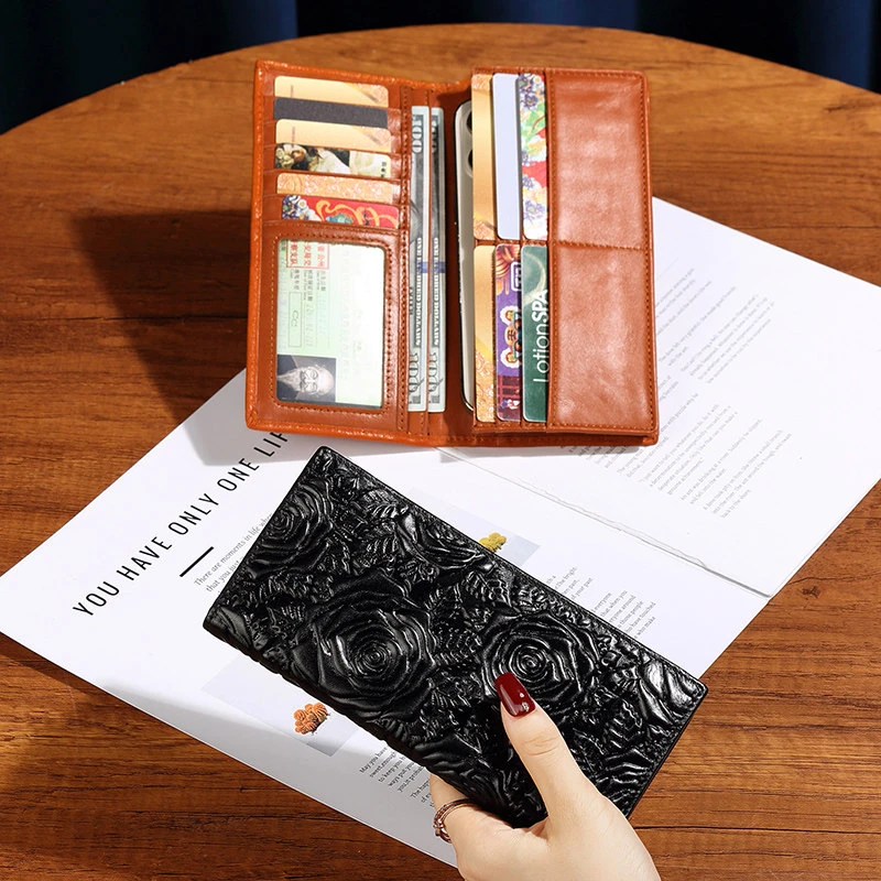 纯牛皮立体压花长款折叠钱包男女通用真皮超薄多卡位证件包大钞夹