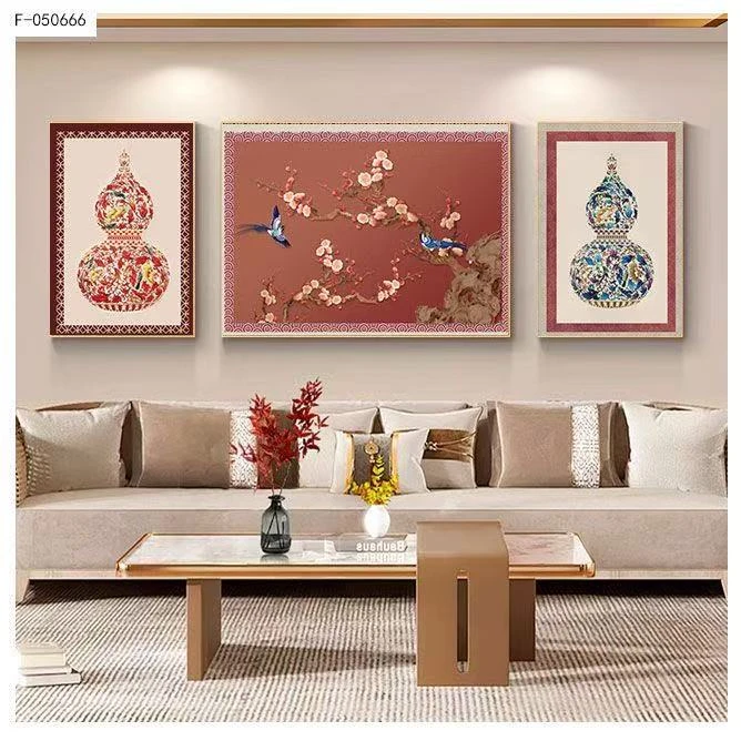 喜上眉梢新中式客厅装饰画大气沙发背景墙古风寓意好高档三联壁画