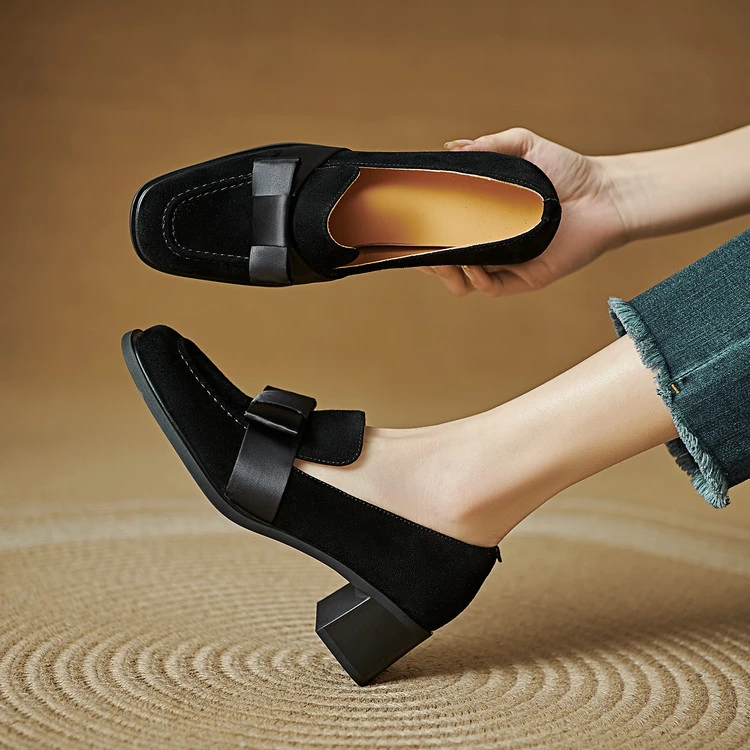 5cm 法式复古百搭粗跟乐福鞋春季英伦风通勤休闲简约时尚方头单鞋