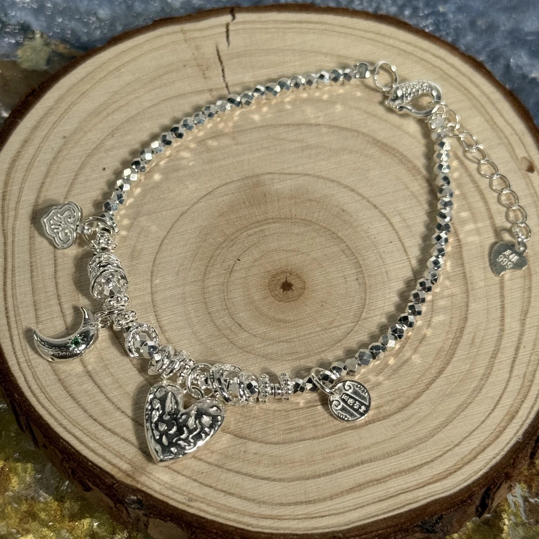 足银手链 【北斗银作】｜足银999月亮湾爱心蹦迪手链