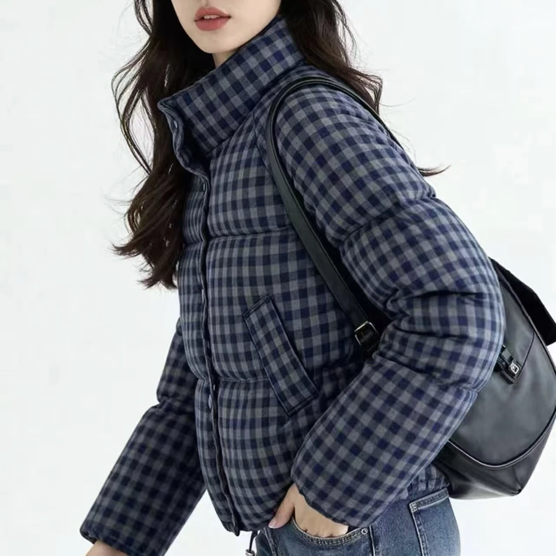 蓝格子翻领羽绒服潮流时尚休闲百搭洋气网红设计师58长宽松短款