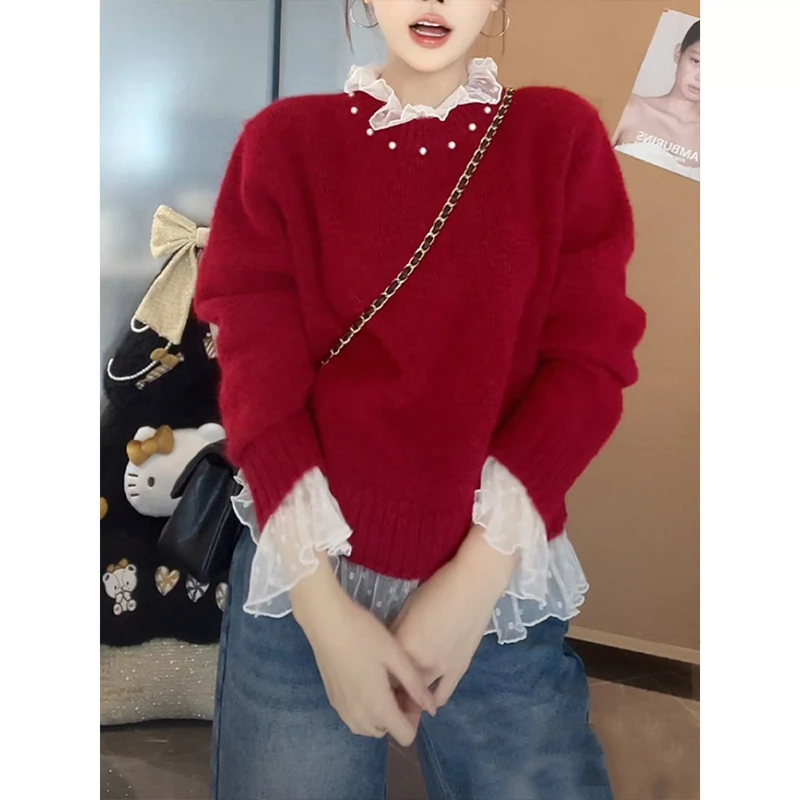 韩系蕾丝花边拼接钉珠针织衫女2026秋冬高级感红色毛衣荷叶边上衣