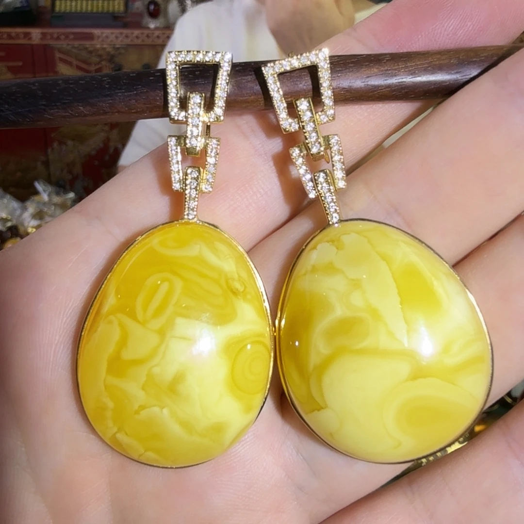 蜜蜡银S925镀金镶嵌耳环