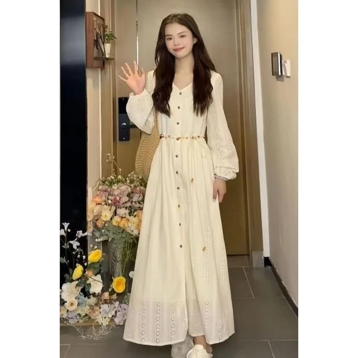 法式镂空刺绣长袖连衣裙2025春秋新款女气质收腰系带高级感长裙子