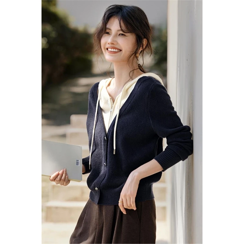 【五好针织】假两件撞色连帽针织衫女秋季休闲慵懒风上衣