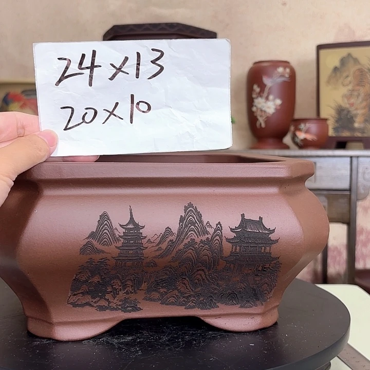 紫砂花盆两面山水
