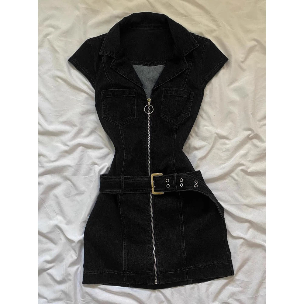 美式复古辣妹黑色拉链牛仔连衣裙女夏季设计感包臀修身显瘦短裙子