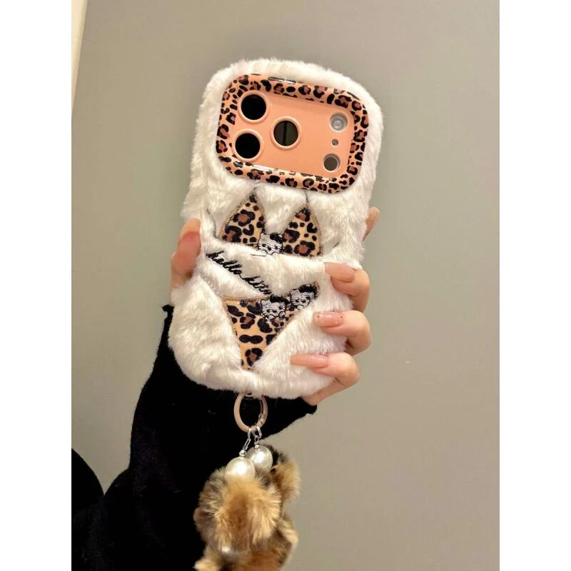 唯美ins毛绒豹纹比基尼猫咪适用ihone17promax苹果16手机壳15新款