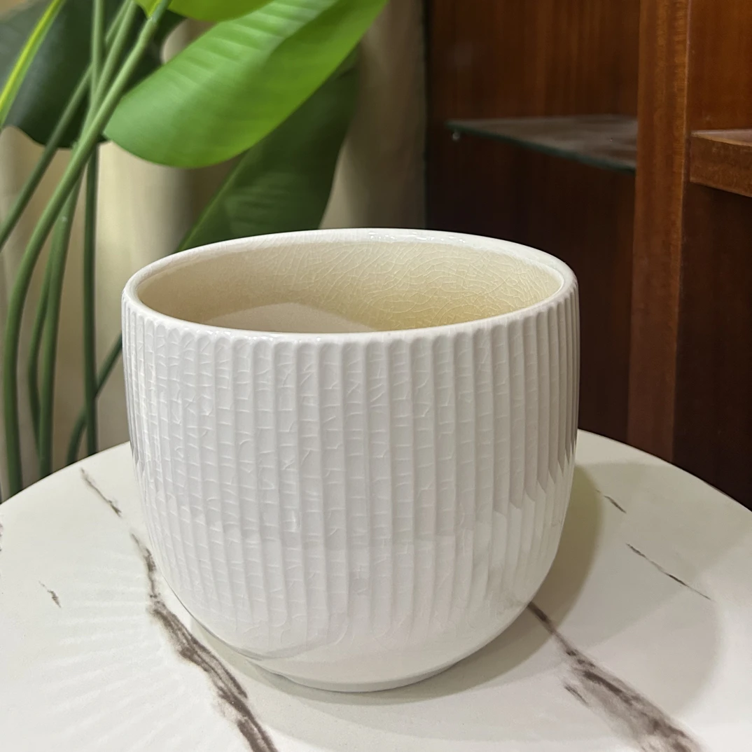 A108口17高14.5北欧简约竖纹花盆带托盘适合桌面阳台绿植盆栽