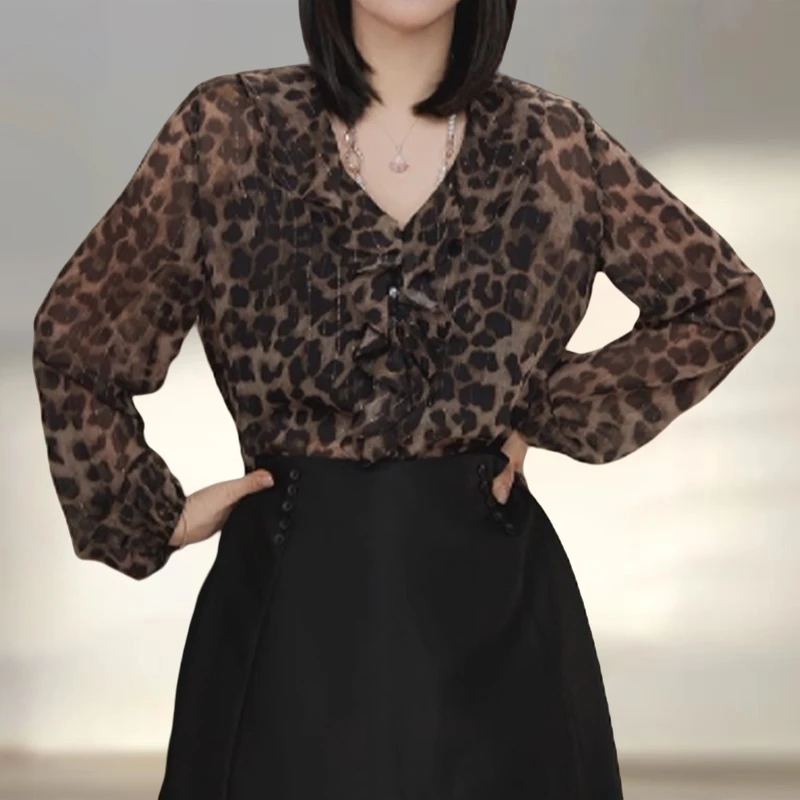 高端轻奢复古感荷叶边设计豹纹衬衫早秋新款显气质加宽加大女装
