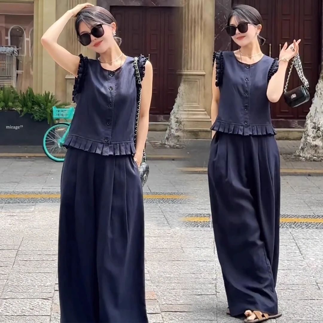 时尚套装女2025夏季新款今年流行洋气显瘦百褶袖上衣阔腿裤两件套