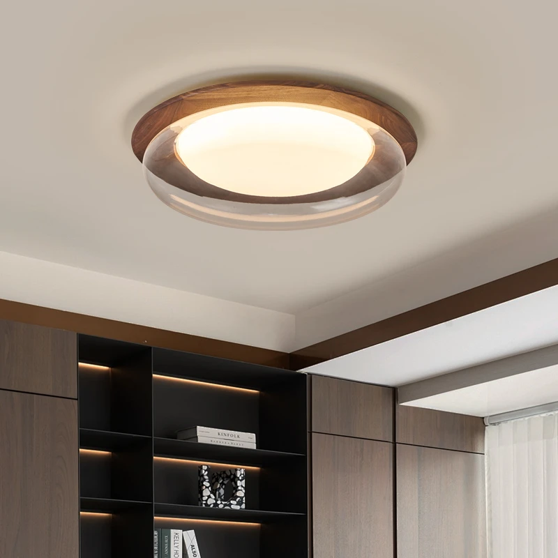 北美黑胡桃木卧室灯轻奢中古风圆形LED吸顶灯复古意式实木书房灯