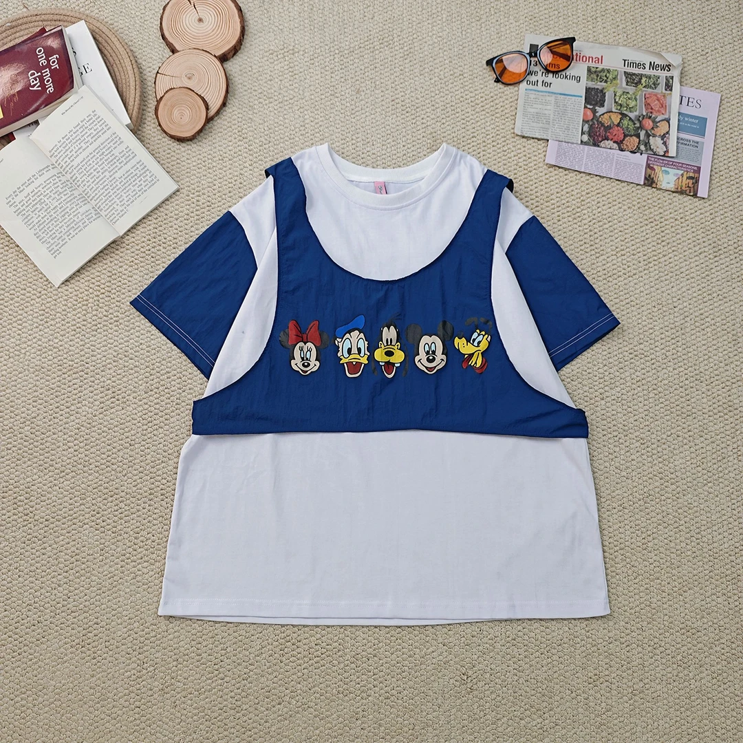 2025夏季新款宽松百搭时尚真两件套卡通印花短袖T恤3378