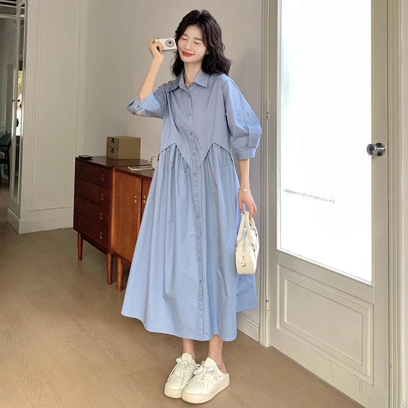 蓝色温柔风宽松休闲灯笼袖polo领衬衫长裙夏季新款显瘦连衣裙女裙